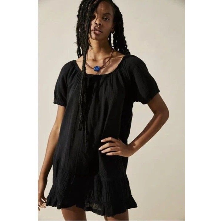 Free People Free-Est So Scenic Mini Dress Asymmetrical Cotton Black L New 285955